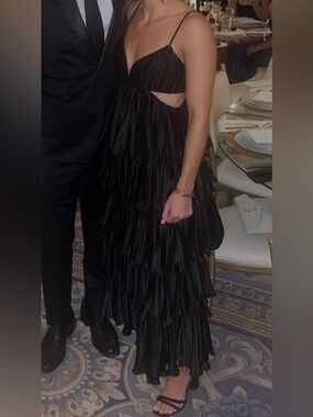 BHLDN Black Strapless Tiered Pleated Cutout Gown